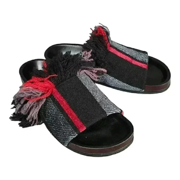 Chloe Slide Sandal Kerenn Kilim Black Gray Red 5 Leather Striped Fringe 35 - Picture 3 of 10